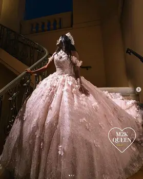 Roza haljina Victorian princeza quinceanera s otvorenim ramenima, korzet s cvjetnim uzorkom, izvezen perle, vestido de 15 años quinceanera