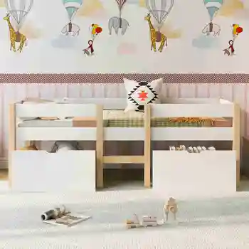 Dječji krevetić s pomičnim sandučićem i zaštitu od pada, polje bor-90x200 cm-bijela i hrast jednostavan moderan stil, jednostavnost instalacije