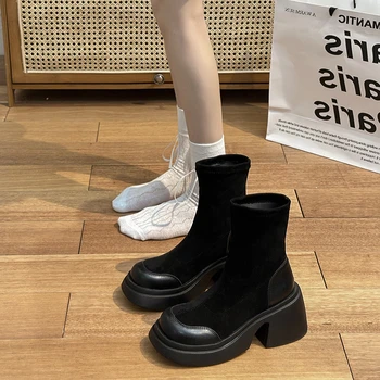 Jesenje čarape, ženske trendy čizme s okruglim vrhom, zimske стрейчевые cipele crne boje u debelim potplatima