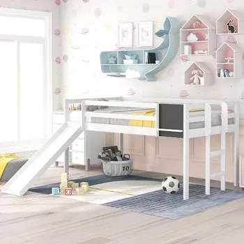 Drveni okvir kreveta za jednu osobu za djecu s toboganom, kompaktan drveni okvir kreveta za djecu, za dječake ili djevojčice, bijela
