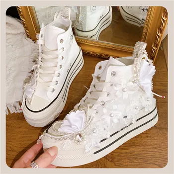 Novi парусиновые cipele s debelim potplatima od uvezivanje Sweet Dingzhu Crystal Little White Shoes