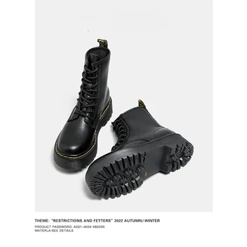 Martens/ Đonovi cipele od prave kože na platformi sa uvezivanje zimske ženske kožne cipele na ravnim cipelama s плюшевым toplinskom izolacijom, novo