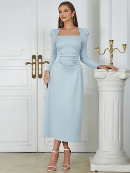 Осеннее donje duga haljina trapeznog oblika s dugim rukavima i trga ovratnik, Elegantno svetlo plavo maksi haljinu sa strukom, Večernje office haljine