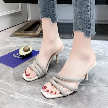 2023 godine Novi trendi elegantne ženske japanke na visoku petu, luksuzne cipele s trga vrhom, prozirne sandale na petu, ženske rhinestones 43