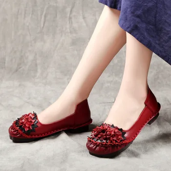 Ženske cipele na ravne cipele od prave kože, Funky od pruća s cvjetnim uzorkom, Udoban casual cipele za vožnju, crvena, crna
