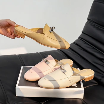 Ženske Полуботинки Baotou od Ovčje Kože, Odjeća, Sandale, 2023 Proljeće/Ljeto, Novi Lijeni Cipele S Patent-zatvarač, Cipele Muller ravnim cipelama