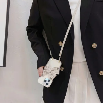 Luksuzna torbica za telefon sa 3D luk od tkanina preko ramena za iPhone 11 12 13 14 Pro Max Pearl Love Flower Accessories, kožna torbica
