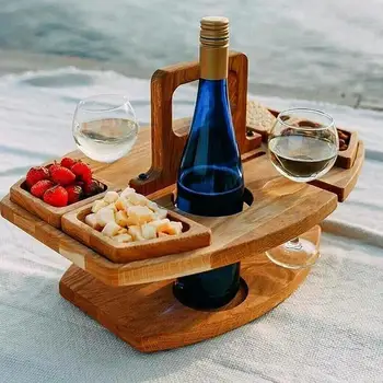 Ulični prijenosni stol za piknik s vinom, Drveni stol za grickalice, Držač za vino, odbojka na stol za kampiranje, Vinski stol za piknik, Uklonjivi pladanj za voćnih grickalica