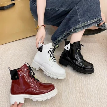 Branded Ženske cipele 2023 godine, Kvalitetne Ženske čizme od Umjetne kože Na platformi I masivnim potpetice, Čizme čipka-up, Svakodnevne Univerzalne Modne cipele