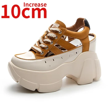 Rimske sandale, dizajn s urezima, ženska obuća za proširenje rast na 10 cm, Ljetna prozračna cipele s liftom, proširenje rast, trend na debelim potplatima