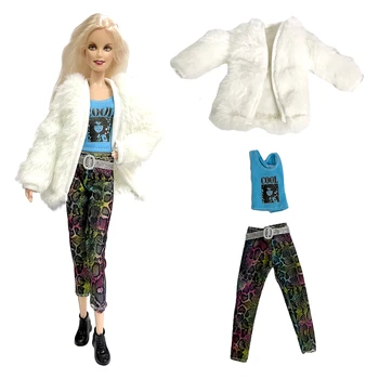 NK 3 Predmet/Kit Bijeli Meki Kaput + Plave Majice + Fancy Hlače 1/6 BJD Casual Odjeća za Zimsku Odjeću za Barbie Lutke Pribor