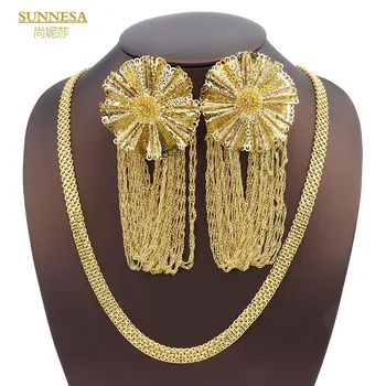 SUNNESA Elegantan komplet nakita u afričkom stilu s geometrijskim cvijet za žene, duge naušnice s кисточками, Moderan Zlatni šarm, lanac duljine 60 cm, poklon za zurke