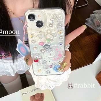 Korejski epoksidno 3D zec Mesec slatka torbica za Iphone 14 13 12 11 Pro Max Luksuzni sjajna prozirna mekana torbica Creative Japan Girl Shell