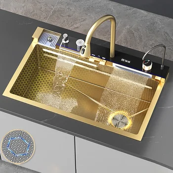 Zlatna umivaonik s dvostrukim vodopada, sudoper od plemenitog čelika s reljefne, Veliki однощелевой umivaonik, ribnjak za pranje posuđa za kuhanje