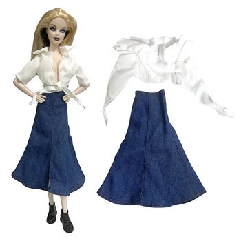 Službeni NK 1 set moderne haljine za lutke: bijela košulja čipka-up + Plava traper duga suknja Za Barbie Lutke, Igračke za Djevojčice, pribor za igračke