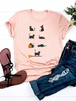 Trend ženska majica s uzorkom mačka, t-shirt na Dan Zahvalnosti, gornja odjeća, jesen na Halloween, ženska t-shirt s grafičkim po cijeloj površini, odjeća
