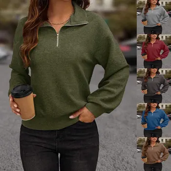 2023 Jesen i zima, novi trendi ženski pletene teksturom džemper od crno platno na munje s V-izrez, ženski pulover dugih rukava