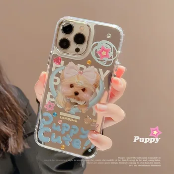Korejski Slatko štene, ogledalo za šminkanje s lukom za pse, mekana torbica za telefon za iPhone 15 14 13 12 Pro Max S prekrasnim slovima, противоударная stražnji poklopac