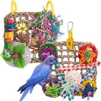 Igračka za ptice, igračke za papige, prirodne igračke za žvakanje papige, set od 2 viseće jastuka, tkani od morske trave, za afričke sive papige