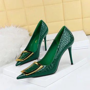 Cipele BIGTREE, trendi cipele-brod s metalnom kopčom, ženske elegantne večernje cipele na visoku petu sa змеиным po cijeloj površini, veličina 34-40