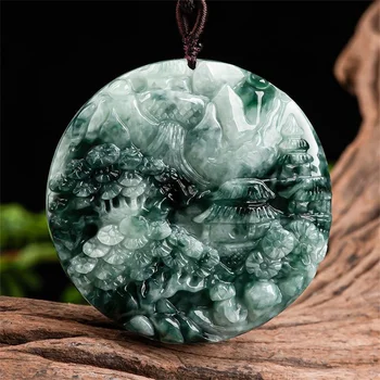 Prirodni Led Zelena Jadeit Ručni Rad Šarm Krajolik Privjesak Amulet Ogrlica Certifikat Moderan Luksuzni Berba Poklon nakit