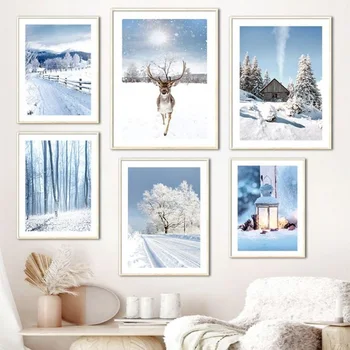Moderni kućni umjetnost Slika na platnu Zimi Snježni krajolik Slika Sunčeva svjetlost Šuma Jelen Kuća na jezeru Plakat Ukras trgovačkog centra