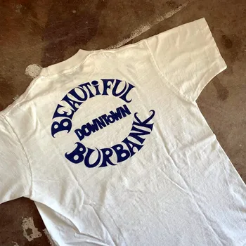 Lijepa Američka vintage majica Unisex s natpisom Burbank Downtown, Bijela Pamučna t-shirt Godina ulične mode kratkih rukava
