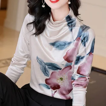 Proljeće-jesen modni Elegantne majice s po cijeloj površini i visokim ovratnikom, Ženska odjeća, Korejski tanki pulover dugih rukava, majice