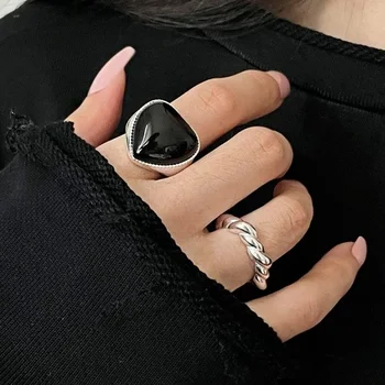 Geometrijski kovrče od srebra 925 sterling, Crna cirkon, otvara praznom u obliku srca, Podesivi prsten za žene, Fin nakit, Slatka pribor