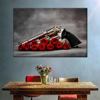 Starinski pištolj s crvenom ružom, slika na platnu, wall art, Revolver i ruže, cvijet plakata i grafika za uređenje dnevnog boravka Cuadros