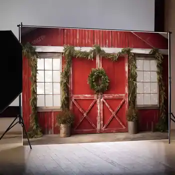 MJESEC.Pozadina QG Božićni vijenac, Crvena vrata, vrata, prozor, Drveni pozadina za dom, vijenac od drvenih dasaka, Večernje zidni фотобудки