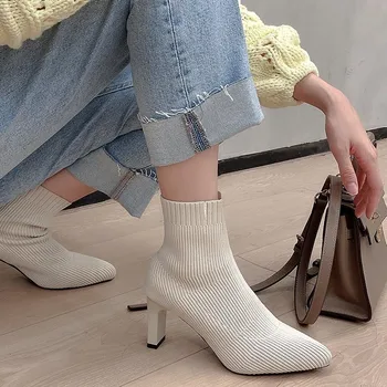 Trendy ženske čizme 2020 godine, bež i rastezljiva čizme od pređe s oštrim vrhom, cipele s debelim petama, jesensko-zimske ženske čarape, cipele