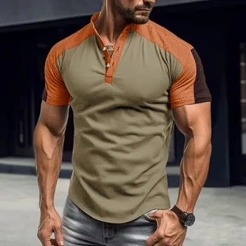 Ljetna muška moda u američkom stilu, kontrastne boje, šarenilo, t-Shirt Henrry kratkih rukava, ovratnik-stup, basic t-shirt, oblikovana sportske majice