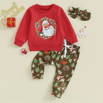 Božićni outfit kako ima djevojke, majica s ovratnikom Djeda Mraza, Duge hlače, povez za glavu, zimska odjeća od 0 do 3 godine