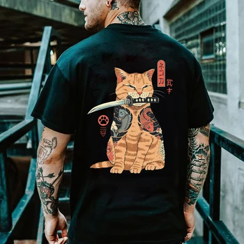 Ljetna majica s uzorkom samuraja iz animacija, 3D mačka, muška ulica majica u stilu hip-hop Harajuku, berba svakodnevne majice s okruglog izreza i kratkih rukava