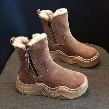 Kožne zimske cipele, nova ženska obuća za jesen i zimu 2024 godine, cipele Martin na platformi i kratke čizme plus baršun pamuk
