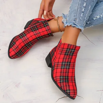 Ženske čizme do 2023, ženske cipele Chelsea u crvenu ćeliju u retro stilu, Svakodnevni ulični cipele na platformu, Klasična munja sa strane, gotički booties
