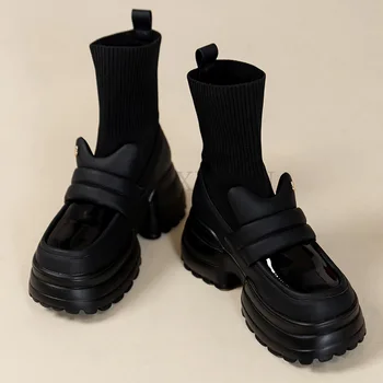 Ženske Čizme Chelsea 2023 godine izdavanja, Pletene Cipele S Vrhom, Zimske Cipele s platformom i srednje potpetice U Gotičkom stilu, Novi Moto Zimske Čizme