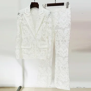 Tanka rad, vez, ženski bijeli prozirni uredski odijelo, blazer s šljokice na jedan preklopni, spaljene hlače, ženske ravnici 2 komada.