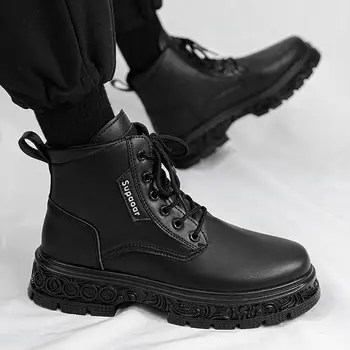 Crne muške cipele Martin, jesen 2023, Novi moto radne cipele s visokim берцем u britanskom stilu, muške kožne cipele, pojačava rast,