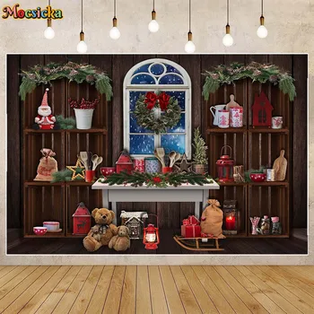 Božićna pozadina Mocsicka fotografije, drveni zidovi i pod, pozadina za fotografiranje s portret djeteta, ukras za dječji rođendan