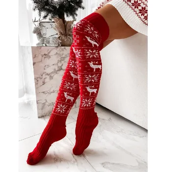 Ženski božić golfs do kukova, pletene čarape iznad koljena s po cijeloj površini pahulja za jesen-zimu