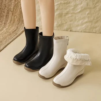2023 godine nova zimu tople cipele ženske čizme od prave kože 22-25 cm, štavljena goveđa koža + krzno, moderne cipele na platformu s okruglim vrhom i munje straga