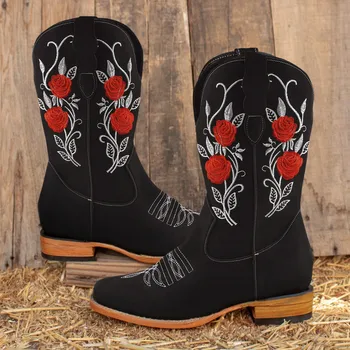 Ženske Kaubojske Čizme su U Retro stilu, Izvezena Crvenim Cvijetom, Na Niskim Petama S Trga Vrhom, Bez-Uvezivanje, Kvalitetne Trendy Čizme, Jesen-Zima
