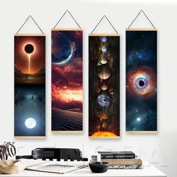 Grafike Moderne Zidne slike na Platnu Plakat Svemirska Nebo Mjesečine Krajolik Slike su Od Punog drveta Viseći Svitke Kućni Umjetničko ukras