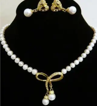 prekrasan vjenčanje ogrlica od žutog zlata 7-8 mm s bijelim biserima, naušnice AAA 18