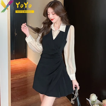 Yoyo Bingo Elegantne Večernje Nabrane haljine-košulje s dugim rukavima, izrađene crnim šavom, Jesenski modni 2023, Maksi Svakodnevno Korejski haljina u korejskom stilu