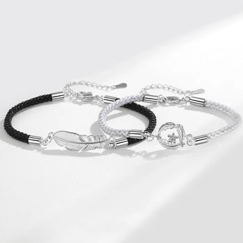 Narukvice od par perja KOFSAC Modni nakit od 925 sterling srebra, crno-siva Ropes narukvica za muškarce i žene, poklon za Valentinovo