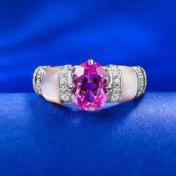Novi prsten od Prave Ružičaste Školjke U Usporedbi s Prstenom s Crvenim Dragulj, Europski i Američki Stil, Univerzalni je Prsten Od Visokokvalitetnog Srebra 925 Sterling