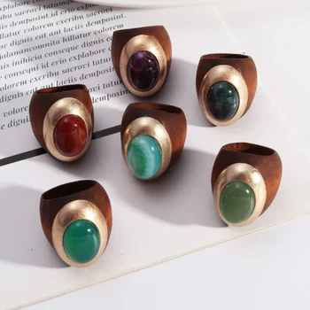 Prsten s ovalnim prirodnim kamenjem, Аметистами, zelenim i crvenim Агатами, Veliki drveni nakit za žene, Moderan prsten s likom